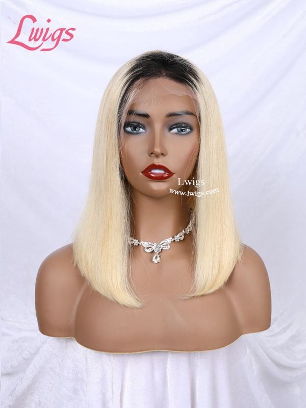 Brazilian Front Lace Wig Human Hair Ombre Blonde Color Hair #613 Wig With Black Roots Short Bob Wig 13x4 180 Density Lwigs73