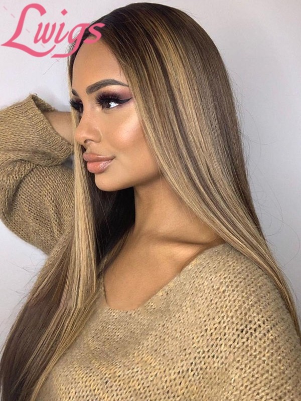 Brazilian Virgin Human Hair Silk Straight Brown Ombre Blonde Highlight Color Undetectable HD Lace Front Wigs Lwigs295