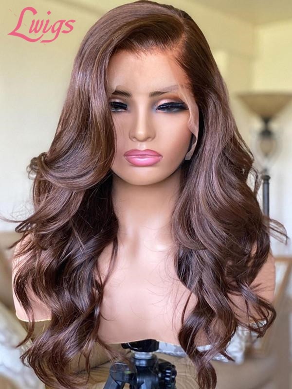 Chocolate Brown Color Pre Plucked Natural Hairline HD Wigs Lace Front Natural Wavy 360 Lace Wigs Lwigs158