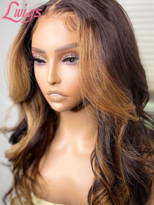 Brown Color With Highlights Pre-plucked Clean Natural Hairline Body Wave 100% Virgin Hair 13x6 Lace Front Wigs Lwigs54