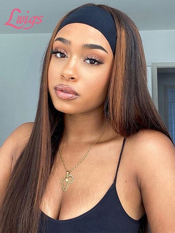 Highlight Color Wig For Sale Brown Balayage Straight Hair Headband Straight Human Hair Glue Free Wig Colored Headband Wig Lwigs395