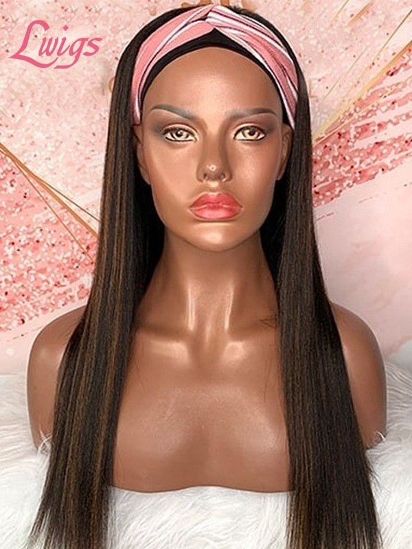 Brown Highlight Color Wig Headband Straight Human Hair Glue Free Wig Lwigs395