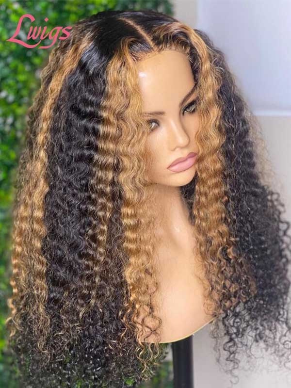 Curly Hair Balayage Transparent HD Lace 5x5 Closure Wig Curly Wig With Blonde Highlights For Beginner Human Hair Wigs MD05