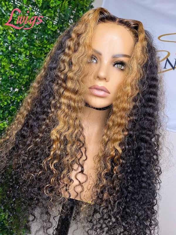 Curly Hair Balayage Transparent HD Lace 5x5 Closure Wig Curly Wig With Blonde Highlights For Beginner Human Hair Wigs MD05