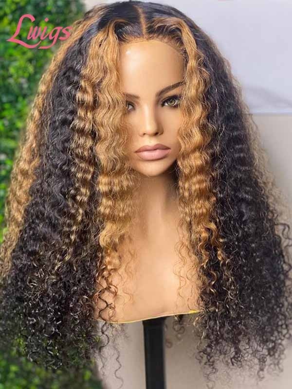 Curly Hair Balayage Transparent HD Lace 5x5 Closure Wig Curly Wig With Blonde Highlights For Beginner Human Hair Wigs MD05