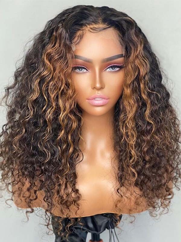 360 Curly Brown Wigs For Sale Glueless HD Lace Wig Bleached Knots Honey Brown Highlights Afro Curly Wig With Middle Part 360W02