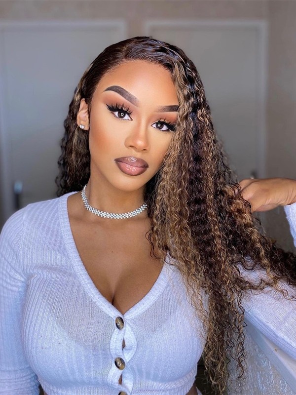 HD Lace 100% Brazilan Virgin Human Hair 13x6 Dark Brown Balayage Highlights Jerry Curly Lace Front Wig Lwigs119