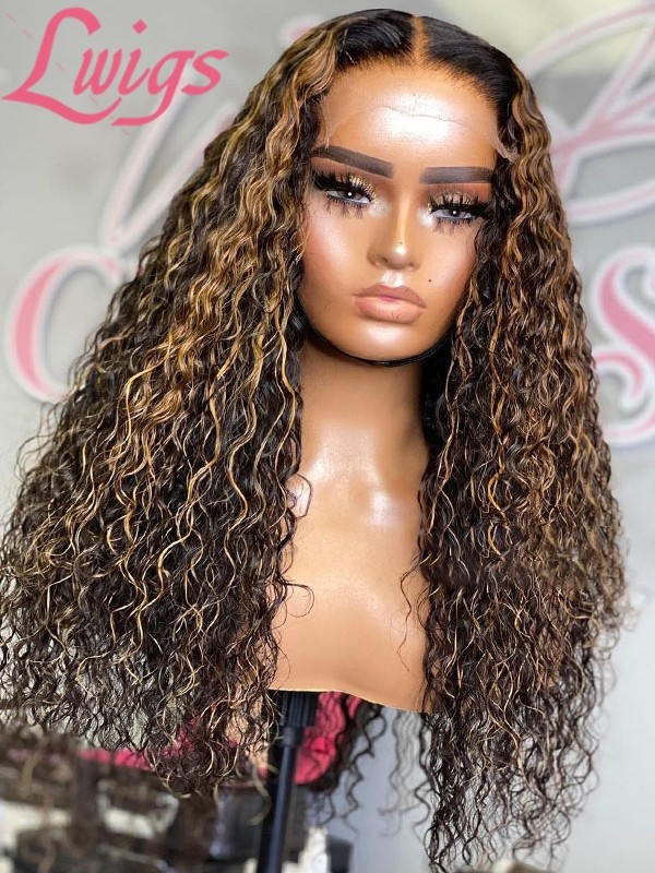 HD Lace Highlight Color Curly Natural Hairline Virgin Human Hair 360 Lace Frontal Wigs Bleached Single Knots Lwigs478