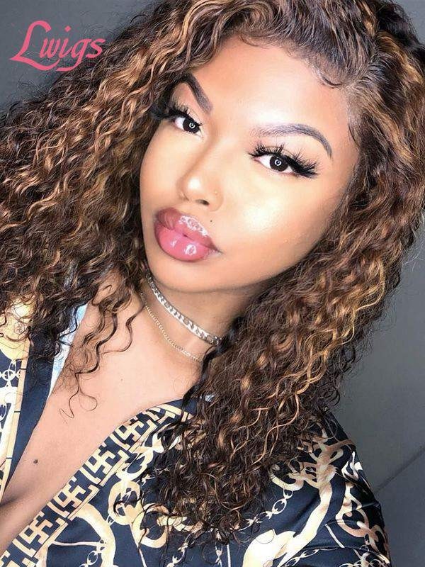 Highlight Brown Color Curly Virgin Human Hair 360 Lace Frontal Wigs Pre