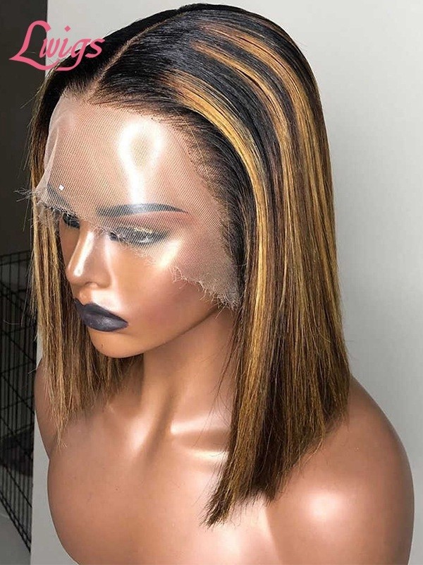9A Human Hair Highlight Color Straight Short Bob Cut Lace Wig 13x6 Lace Frontal Wig With Plucked Bleached Knots Lwigs500