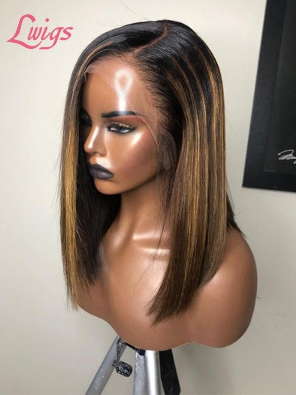 9A Human Hair Highlight Color Straight Short Bob Cut Lace Wig 13x6 Lace Frontal Wig With Plucked Bleached Knots Lwigs500