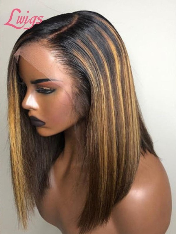 9A Human Hair Highlight Color Straight Short Bob Cut Lace Wig 13x6 Lace Frontal Wig With Plucked Bleached Knots Lwigs500