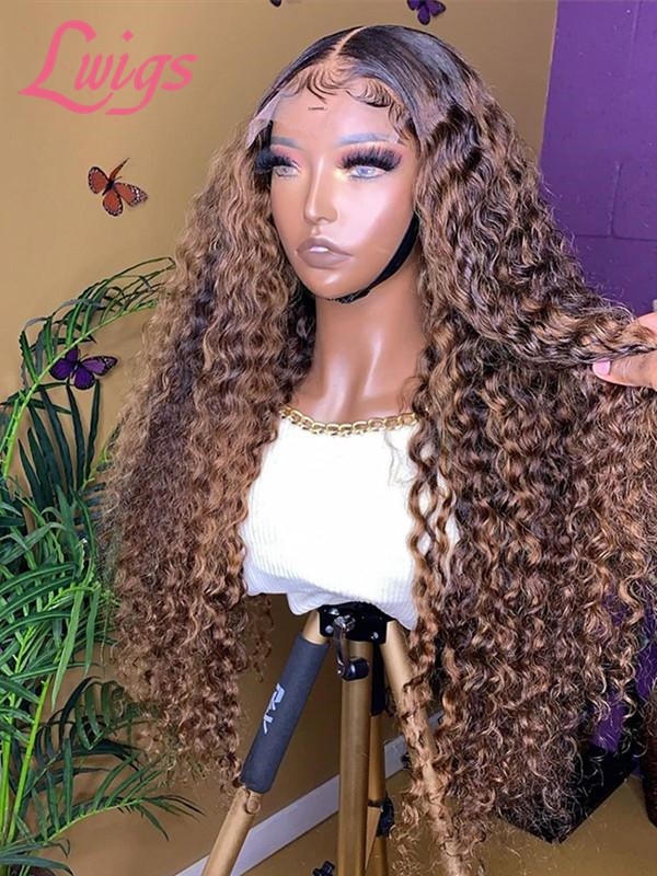 Invisible HD Lace Pre-plucked Natural Hairline Ombre Highlight Color Curly 100% Human Hair 13x6 Lace Front Wig Lwigs498
