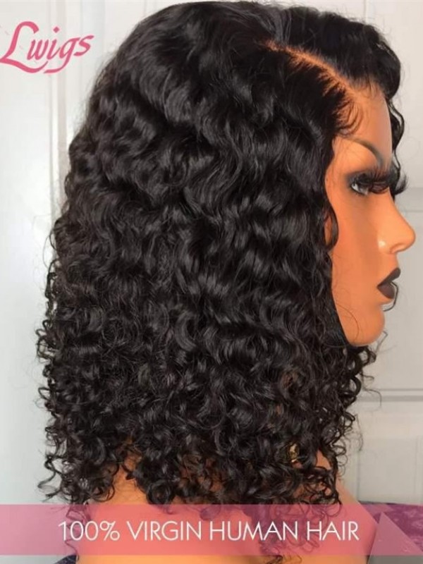 Hot Sale Elastic Band Adjustable Undetectable HD Dream Swiss Lace 13x6 Curly Short Bob Human Hair Lace Front Wig Lwigs243