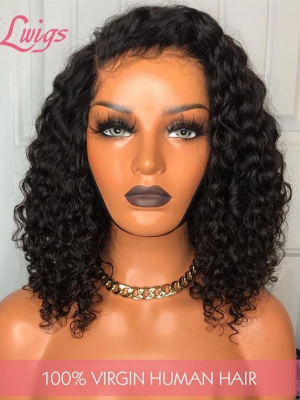 Hot Sale Elastic Band Adjustable Undetectable HD Dream Swiss Lace 13x6 Curly Short Bob Human Hair Lace Front Wig Lwigs243