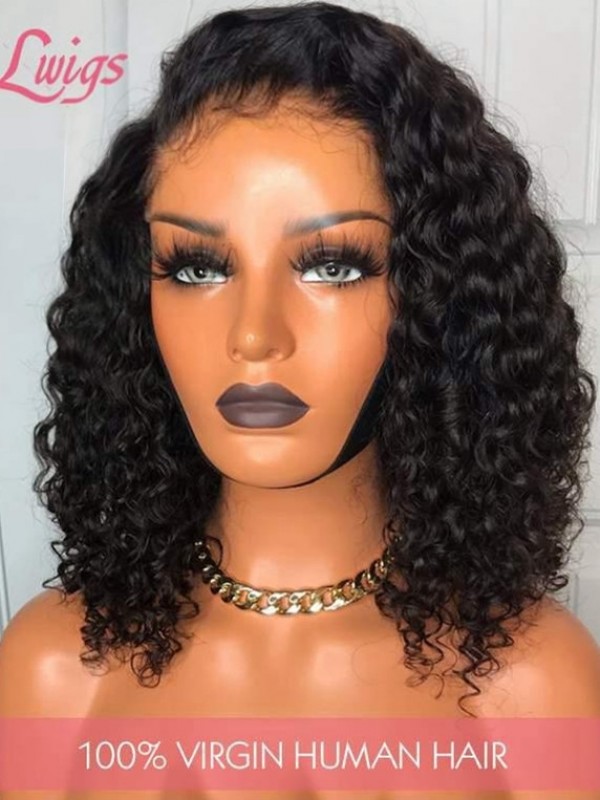 Hot Sale Elastic Band Adjustable Undetectable HD Dream Swiss Lace 13x6 Curly Short Bob Human Hair Lace Front Wig Lwigs243