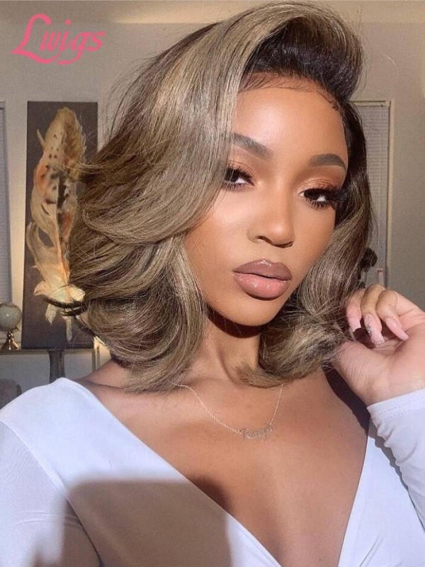 Linen Short Bob Cut Ombre Blond Brown Natural Wave Lace Front Wig  Undetectable HD Lace Human Hair Wigs Lwigs343
