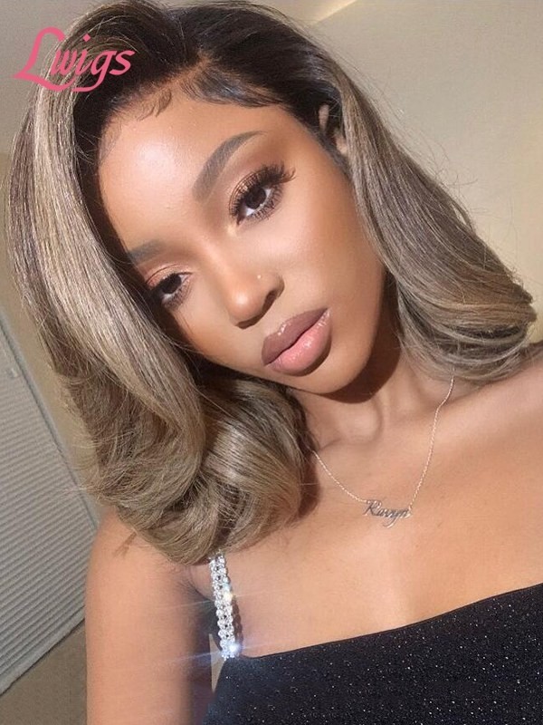 Hottest Linen Short Hair Bob Cut Style Ombre Blond Brown Natural Wave Lace Front Wig Undetectable HD Lace Peruvian Human Hair Wigs With Single Knots Natural Hairline Lwigs343