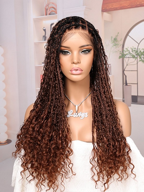 Lwigs Most-Fit Cap Ombre Brown Tiny Knots 180% Density Side Part HD Full Lace Knotless Long Braided Wig UD21