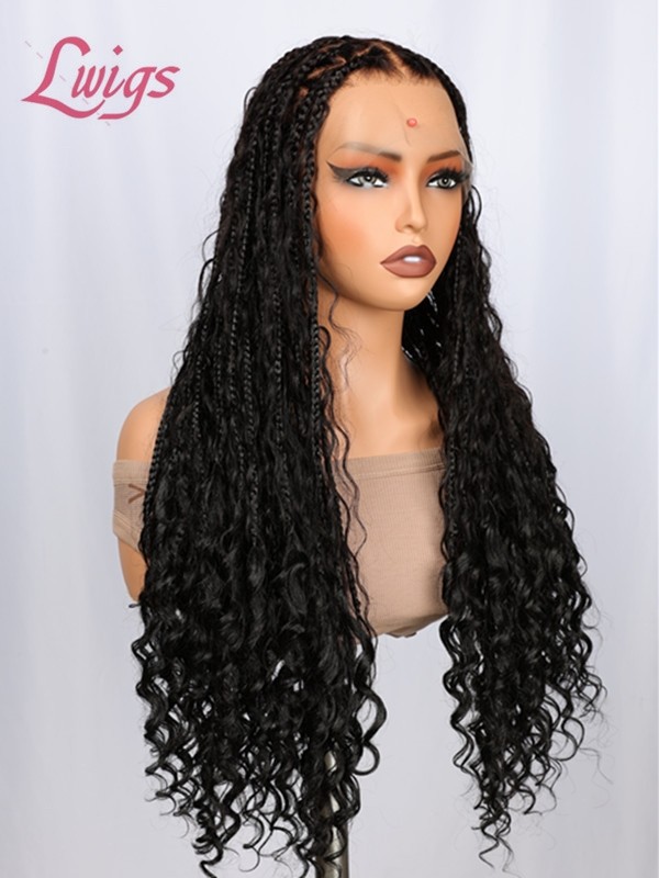 2025 Hot Sale Invisible Drawstring Cap Loose Curls Human Hair Real Skinlike HD Full Lace Knotless 26 Inches Long Braided Wig Lwigs722