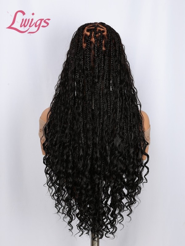 2025 Hot Sale Invisible Drawstring Cap Loose Curls Human Hair Real Skinlike HD Full Lace Knotless 26 Inches Long Braided Wig Lwigs722