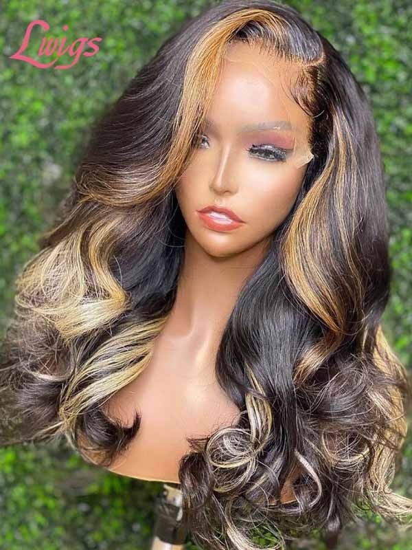 Invisible HD Lace Wig Highlight Color Glueless Wig Body Wave Style Volume Curls Brazilian Human Hair Lace Frontal Wig Lwigs402