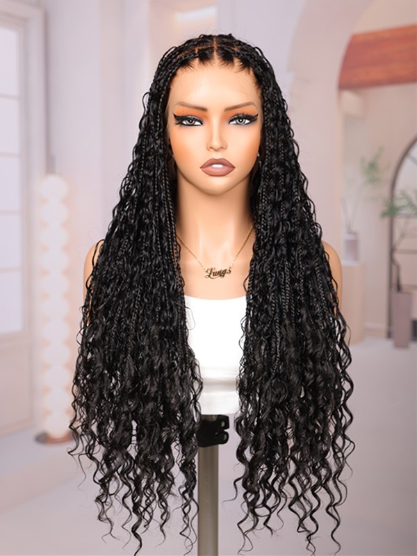 Lwigs Most-Fit Cap Handmade 180% Density Real Skinlike HD Full Lace Knotless Long Boho Box Braided Wig UD04
