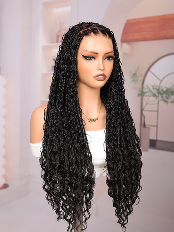 Lwigs Most-Fit Cap Handmade 180% Density Real Skinlike HD Full Lace Knotless Long Boho Box Braided Wig UD04