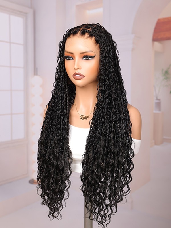 Lwigs Most-Fit Cap Handmade 180% Density Real Skinlike HD Full Lace Knotless Long Boho Box Braided Wig UD04