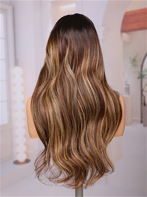 Lwigs Most-Fit Cap Wavy Ombre Brown Color With Highlight Free Max-Parting 11x6 HD Lace Frontal Wigs UD11