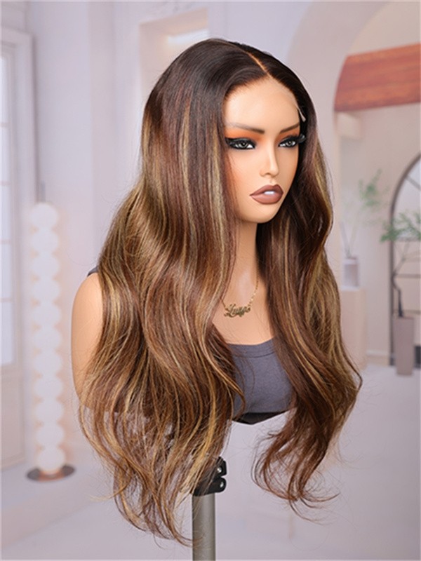 Lwigs Most-Fit Cap Wavy Ombre Brown Color With Highlight Free Max-Parting 11x6 HD Lace Frontal Wigs UD11