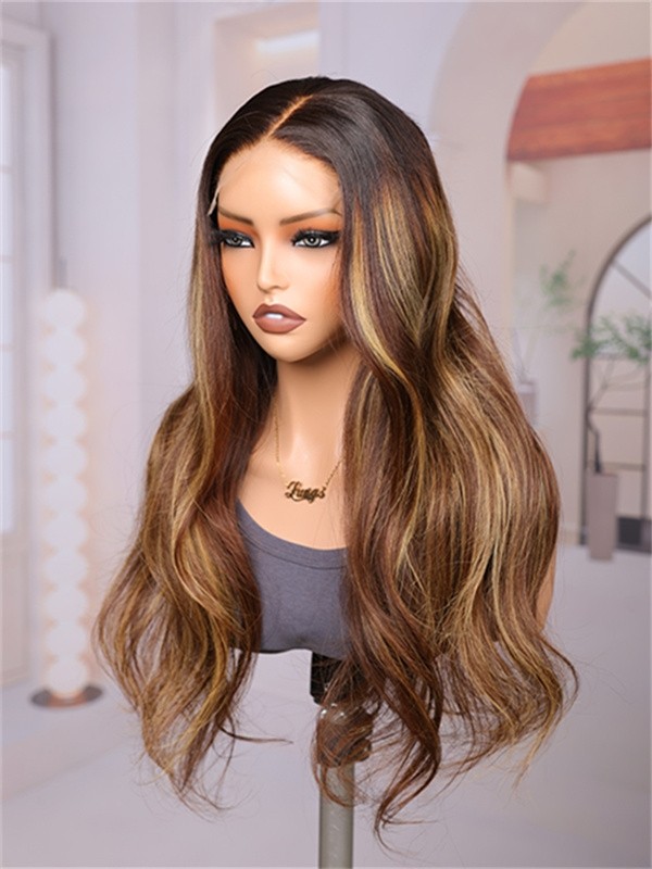 Lwigs Most-Fit Cap Wavy Ombre Brown Color With Highlight Free Max-Parting 11x6 HD Lace Frontal Wigs UD11
