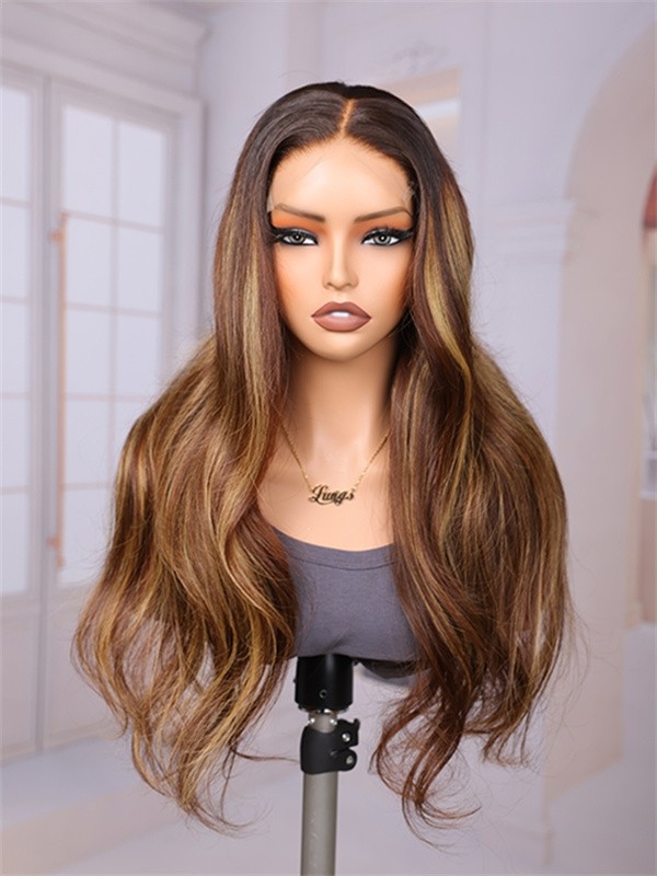Lwigs Most-Fit Cap Wavy Ombre Brown Color With Highlight Free Max-Parting 11x6 HD Lace Frontal Wigs UD11