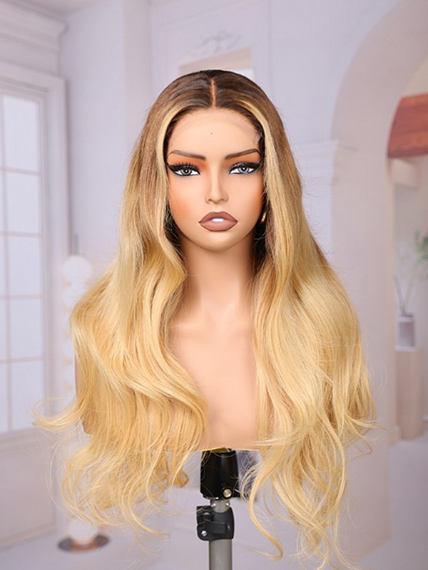 Lwigs Most-Fit Cap Bleached Single Knots Ombre Blonde Highlight Loose Wave Glueless 11x6 Frontal Lace Wigs UD22