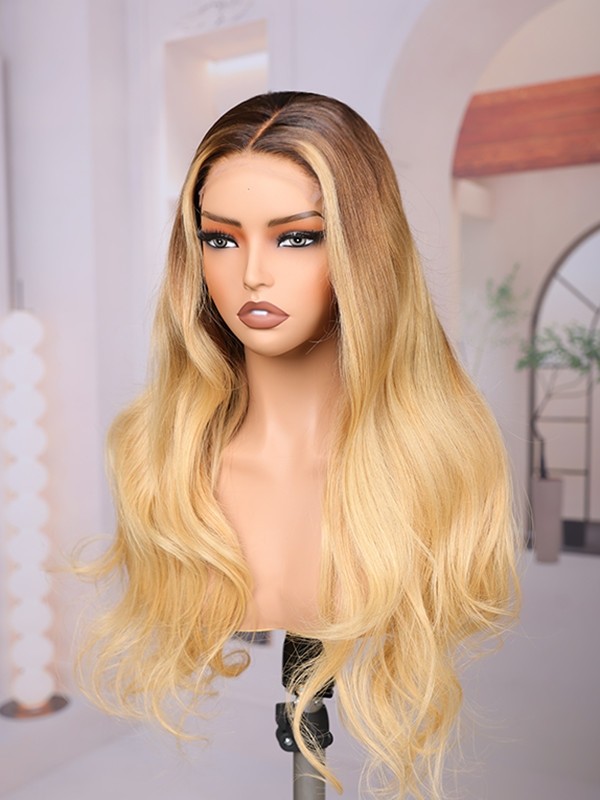 Lwigs Most-Fit Cap Bleached Single Knots Ombre Blonde Highlight Loose Wave Glueless 11x6 Frontal Lace Wigs UD22