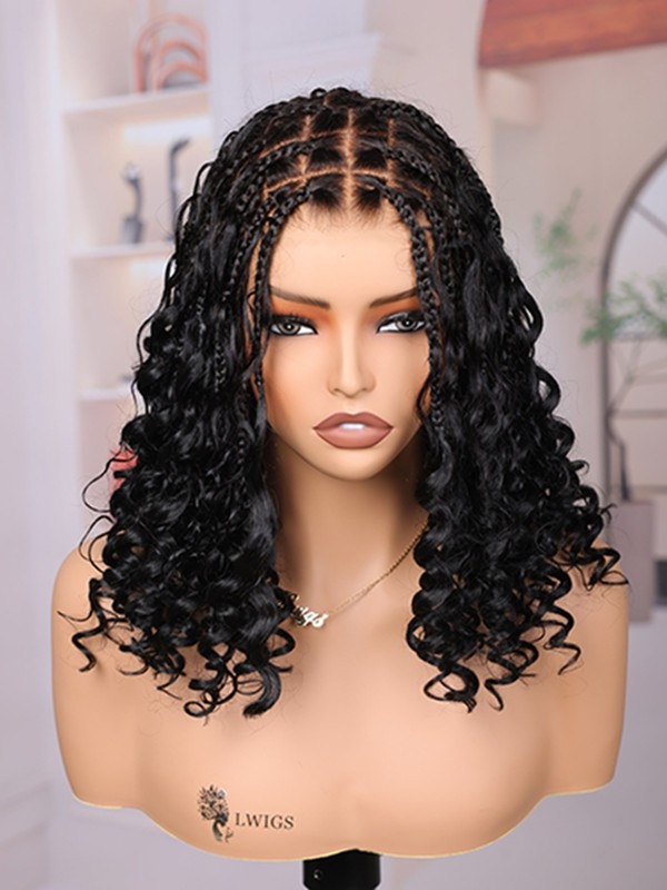 Lwigs Most-Fit Cap Invisible Drawstring Knotless Boho Curls Braided Middle Length Bob HD Full Lace Wigs UD13
