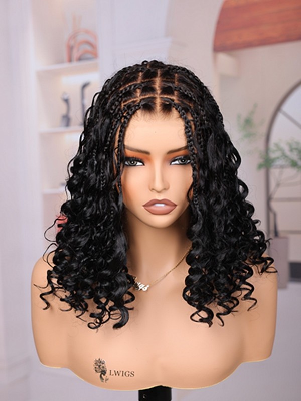 Lwigs Most-Fit Cap Knotless Natural Black Color Braided Middle Length Bob Real Skinlike HD Full Lace Wigs UD13