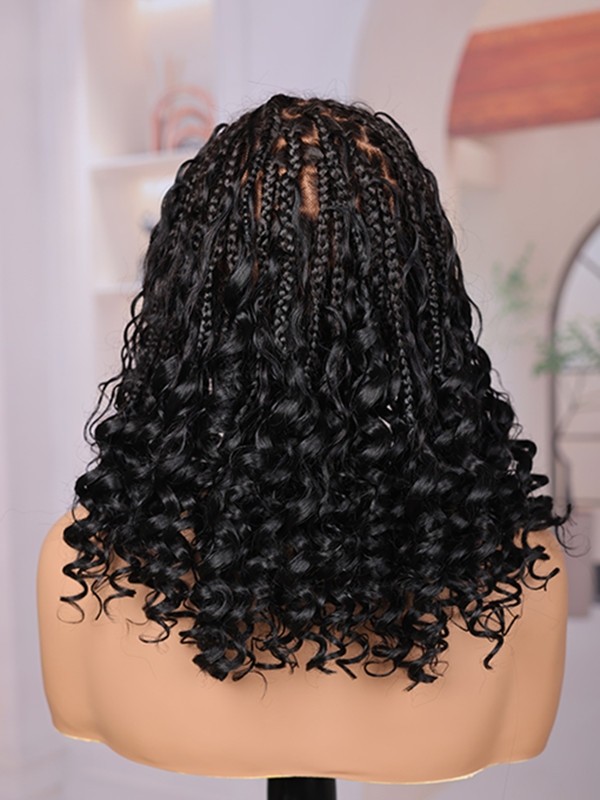 Lwigs Most-Fit Cap Invisible Drawstring Knotless Boho Curls Braided Middle Length Bob HD Full Lace Wigs UD13