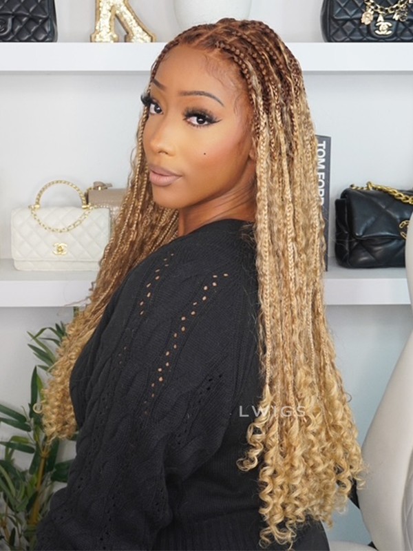 Lwigs Most-Fit Cap Ombre Blonde Color Knotless Boho Curls Braided HD Full Lace Wigs With Baby Hair UD17