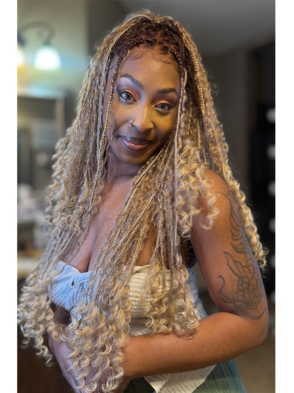 Lwigs Most-Fit Cap Ombre Blonde Color Knotless Boho Curls Braided HD Full Lace Wigs With Baby Hair UD17