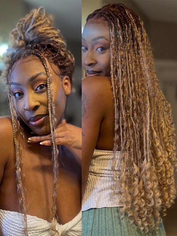 Lwigs Most-Fit Cap Ombre Blonde Color Knotless Boho Curls Braided HD Full Lace Wigs With Baby Hair UD17