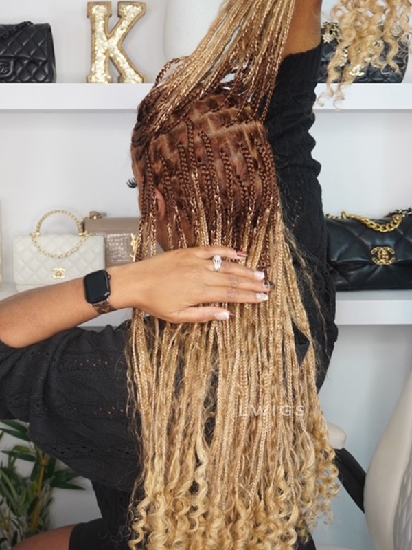 Lwigs Most-Fit Cap Ombre Blonde Color Knotless Boho Curls Braided HD Full Lace Wigs With Baby Hair UD17