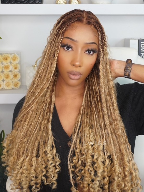 Lwigs Most-Fit Cap Ombre Blonde Color Knotless Boho Curls Braided HD Full Lace Wigs With Baby Hair UD17