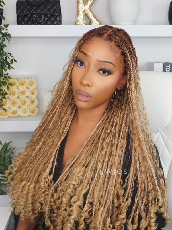 Lwigs Most-Fit Cap Ombre Blonde Color Knotless Boho Curls Braided HD Full Lace Wigs With Baby Hair UD17