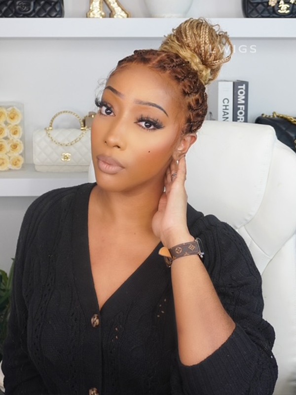 Lwigs Most-Fit Cap Ombre Blonde Color Knotless Boho Curls Braided HD Full Lace Wigs With Baby Hair UD17