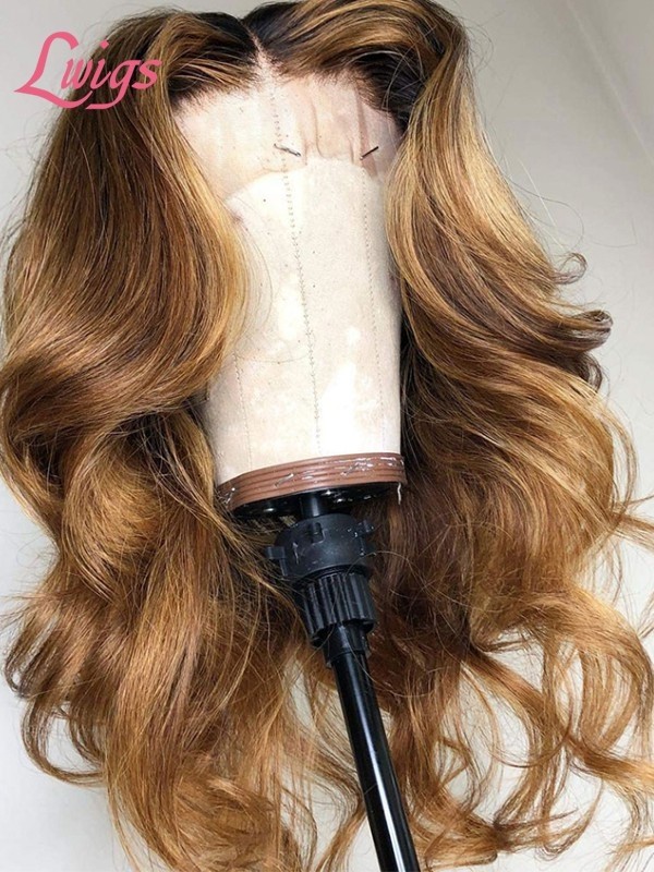 Ginger Brown Color Lace Front Wigs With Pre-plucked Hairline 100% Virgin Hair Natural Wavy Hair 6" Deep Part Ombre Wig Lwigs54