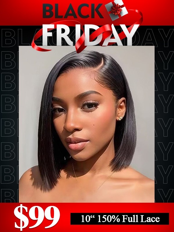 Lwigs 2024 Black Friday Sale Natural Black Color 10 Inches 150% Density Side Part Short Bob Full Lace Wig Bleached Knots RS09