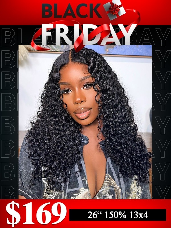 Lwigs 2024 Black Friday Sale Natural Black Color Pre-plucked Hairline 26 Inches 150% Density Kinky Curly 13x4 Lace Front Wig RS10