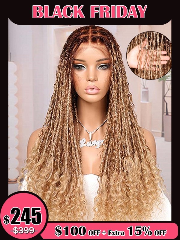 Lwigs 2025 Black Friday Special Most-Fit Cap Knotless Boho Curls Braided HD Full Lace Wigs Ombre Natural Blonde Colors With Baby Hair UD17