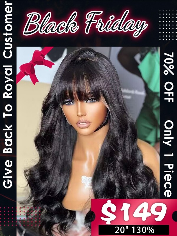 Lwigs Black Friday Special Offer #1b Jet Black Color Wavy With Bangs 20 Inches 130% Density No Combs Full Lace Wigs BS13